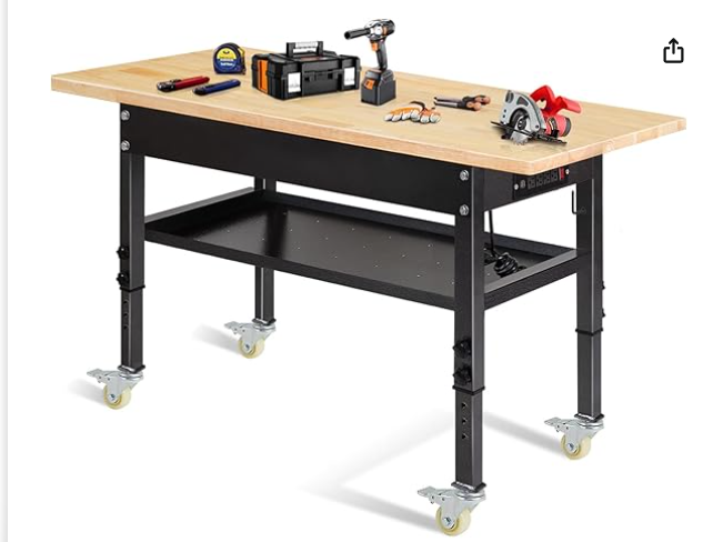 60'' Adjustable Workbench, Rubber Wood Top Work Bench Heavy-Duty Work Table with Power Outlet