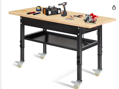 60'' Adjustable Workbench, Rubber Wood Top Work Bench Heavy-Duty Work Table with Power Outlet
