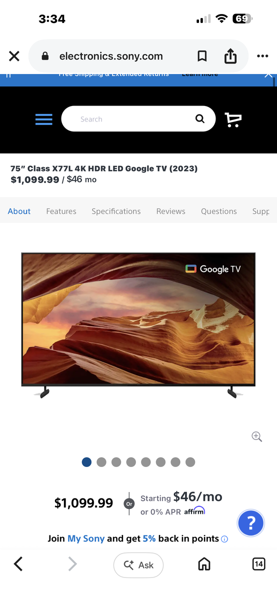 75” Sony Bravia Smart TV
