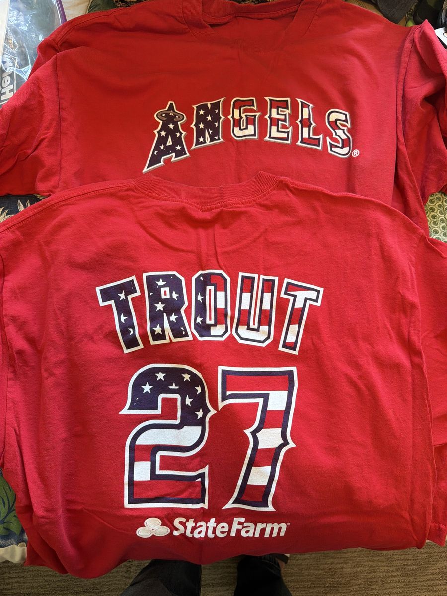 Two MLB Angels Mike Trout #27 State Farm Red Short Sleeve T-Shirt Patriotic Graphic Tee
