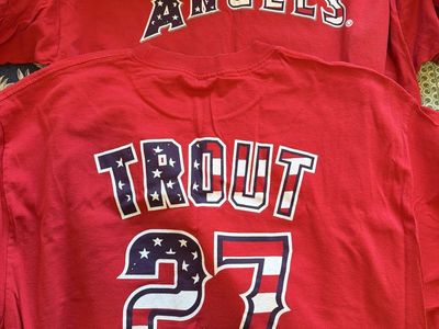 Two MLB Angels Mike Trout #27 State Farm Red Short Sleeve T-Shirt Patriotic Graphic Tee