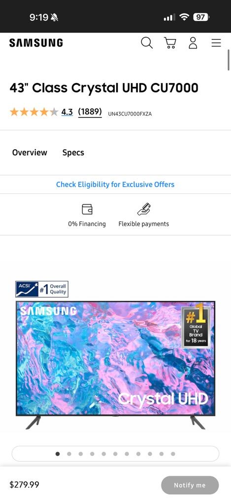 SAMSUNG 43-Inch Class Crystal UHD CU7000 Series