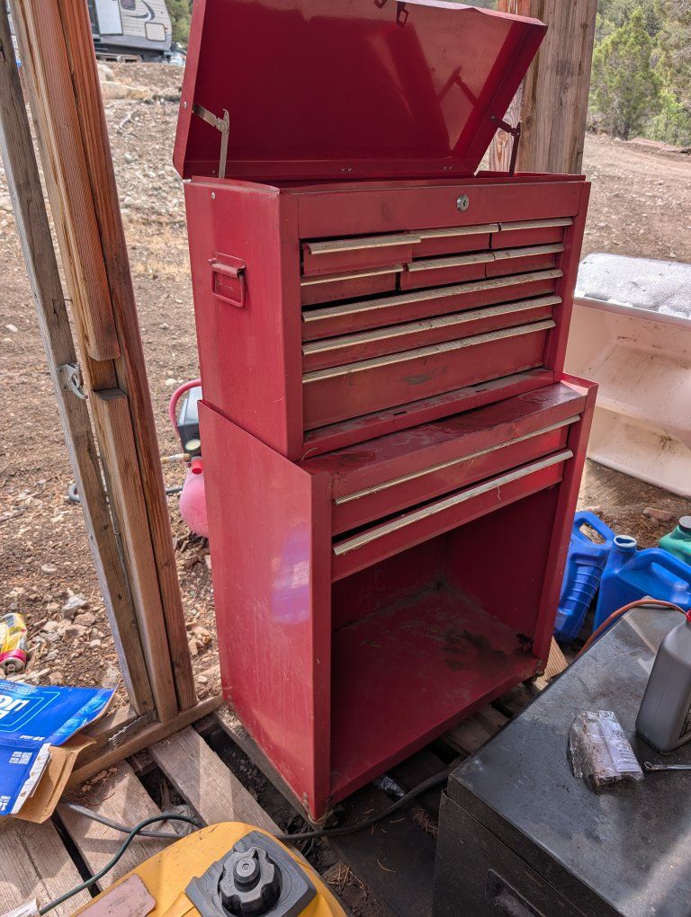Used Red Metal Tool Box Cabinet with Multiple Drawers & Storage