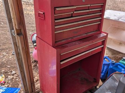 Used Red Metal Tool Box Cabinet with Multiple Drawers & Storage