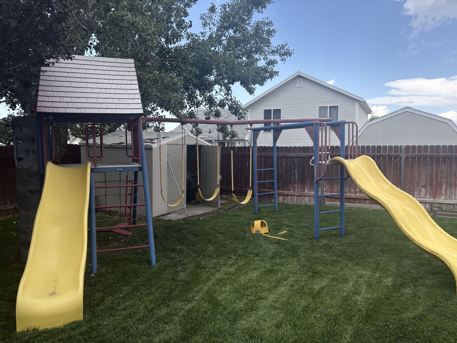 Lifetime Metal Backyard Playset with Clubhouse Roof, Swings, and Two Slides