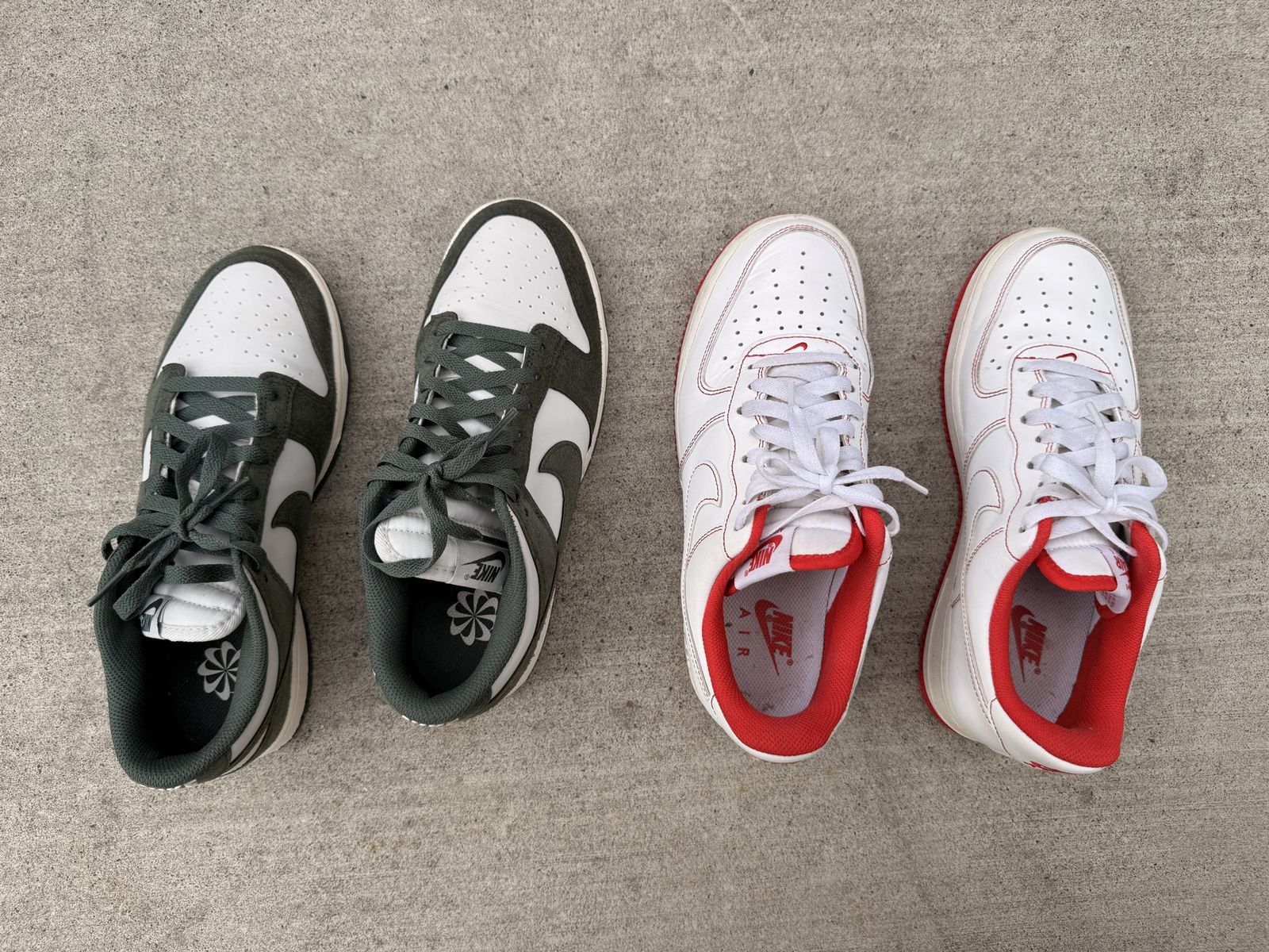 Nike Sneakers- Dunk Low Dark Green & Air Force 1 White/Red
