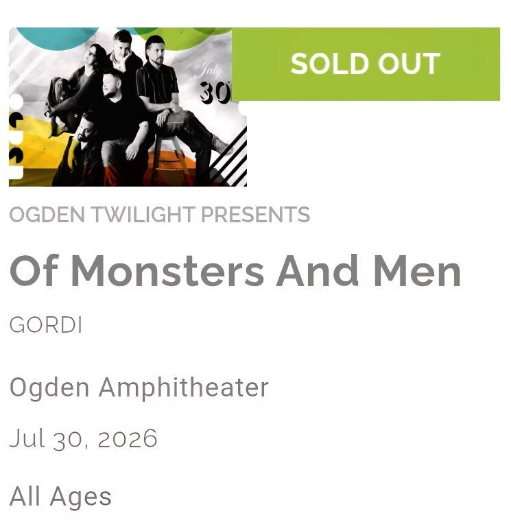 Of Monsters And Men VIP Ticket- Ogden Twilight at Ogden Amphitheater - July 30