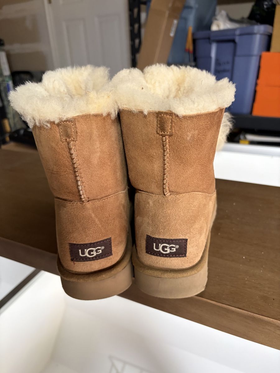 UGG Women's Chestnut Suede Shearling Boots with Pom Poms - Size 10