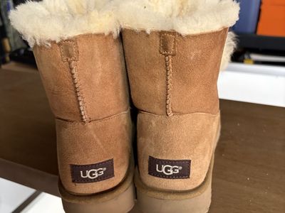 UGG Women's Chestnut Suede Shearling Boots with Pom Poms - Size 10