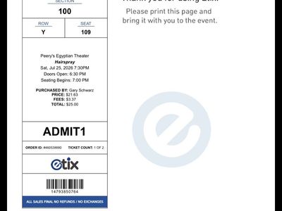 TONIGHT!! 2 Hairspray Musical Tickets- Ogden Egyptian Theater - Section 100, Row Y, Seat 109 & 110 (SELLING FOR 50%off!!)