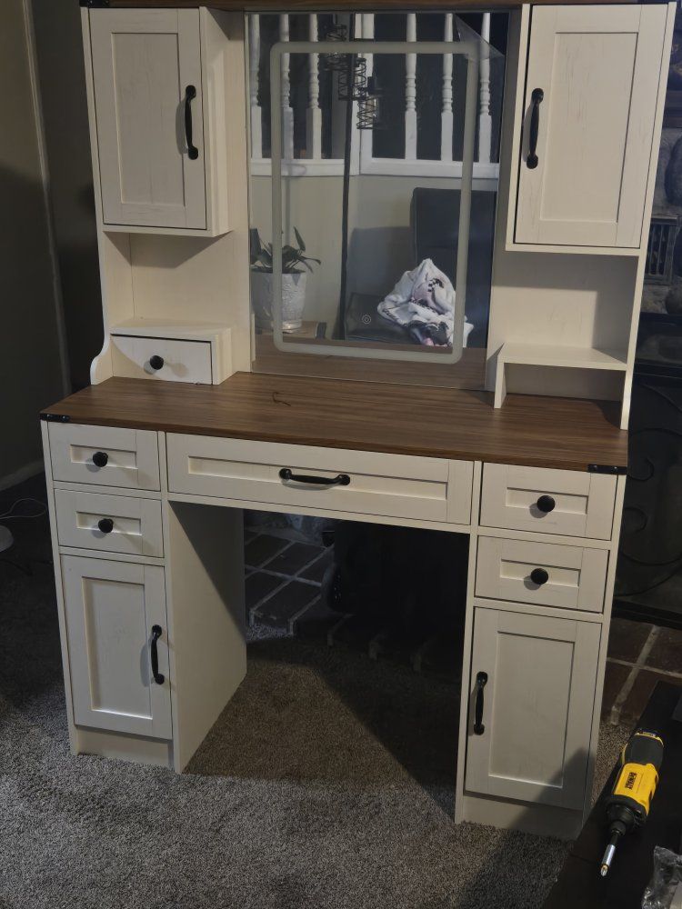 White & Wood Vanity Desk with Lighted Mirror, Storage Drawers & Cabinets