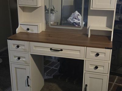 White & Wood Vanity Desk with Lighted Mirror, Storage Drawers & Cabinets