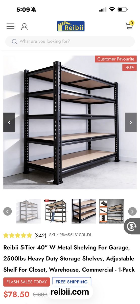Reibii 5-Tier 40"W Metal Shelving Unit, 2500lbs Capacity, Adjustable Heavy Duty Storage for Garage/Commercial