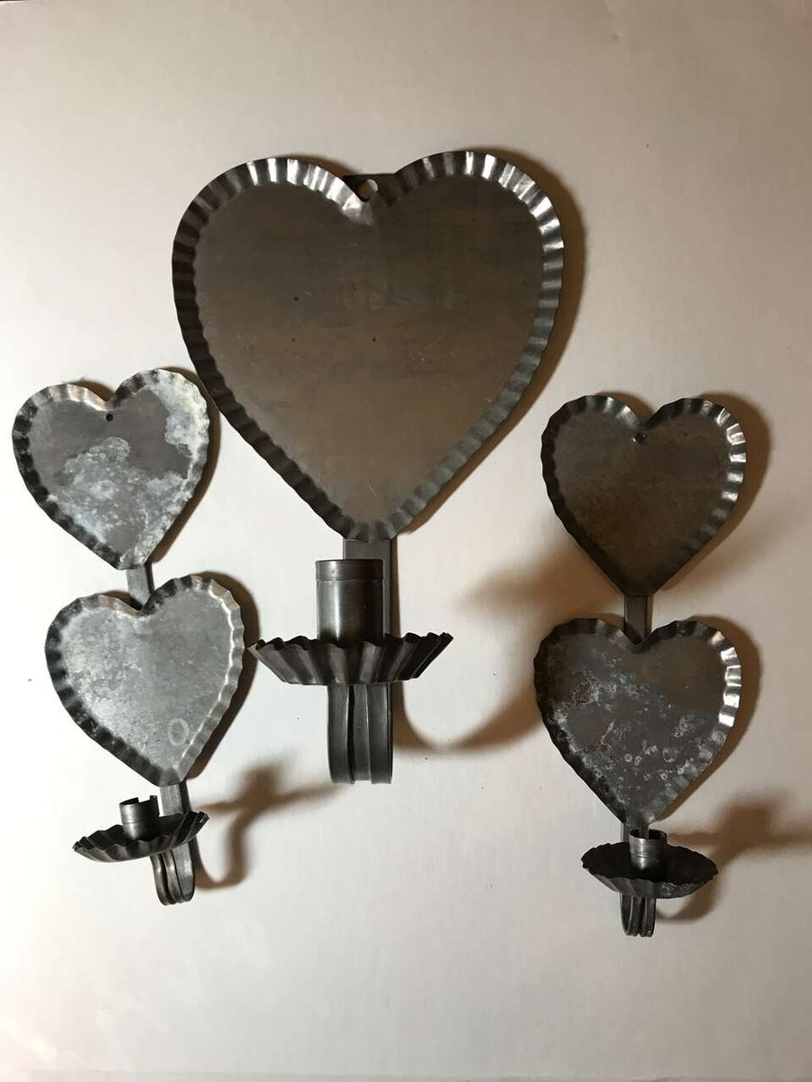 Vintage Tin Metal Wall Mounted Scone Candle Holders Crimped Hearts and Tray Set of 3.  2 small 9" and one large 11"