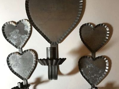 Vintage Tin Metal Wall Mounted Scone Candle Holders Crimped Hearts and Tray Set of 3. 2 small 9" and one large 11"