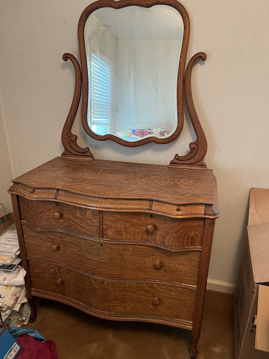 Antique Tiger Oak Dresser with Ornate Mirror, Restored
