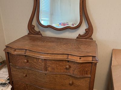 Antique Tiger Oak Dresser with Ornate Mirror, Restored