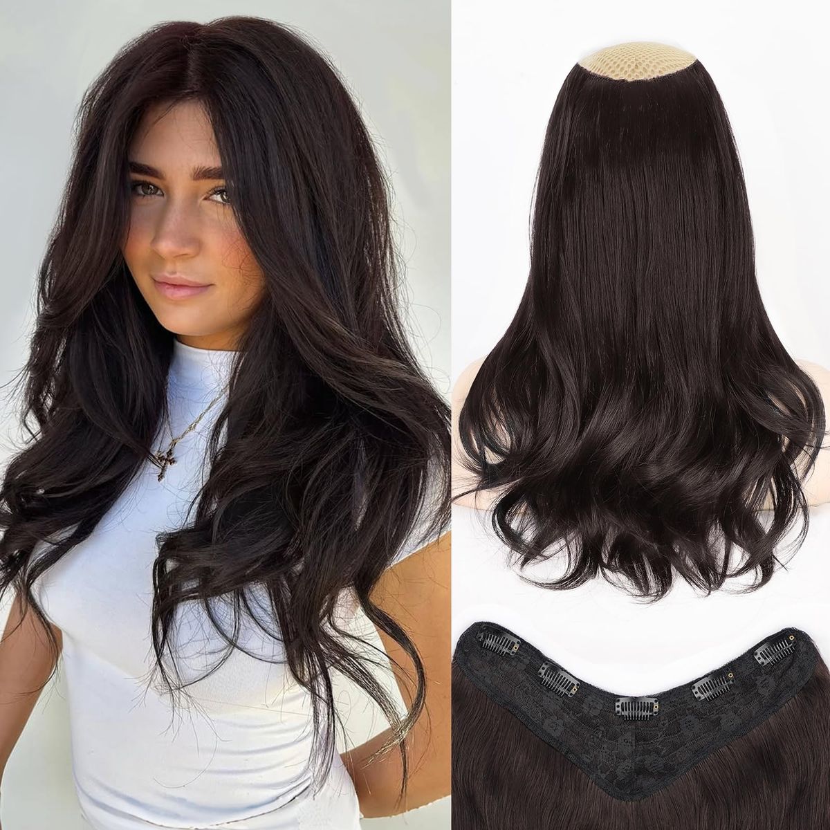 ALXNAN HAIR Invisible V-Fit Triple-Layer Silk-Smooth Hair Fibers Clip-In Hair Extension, Dark Brown