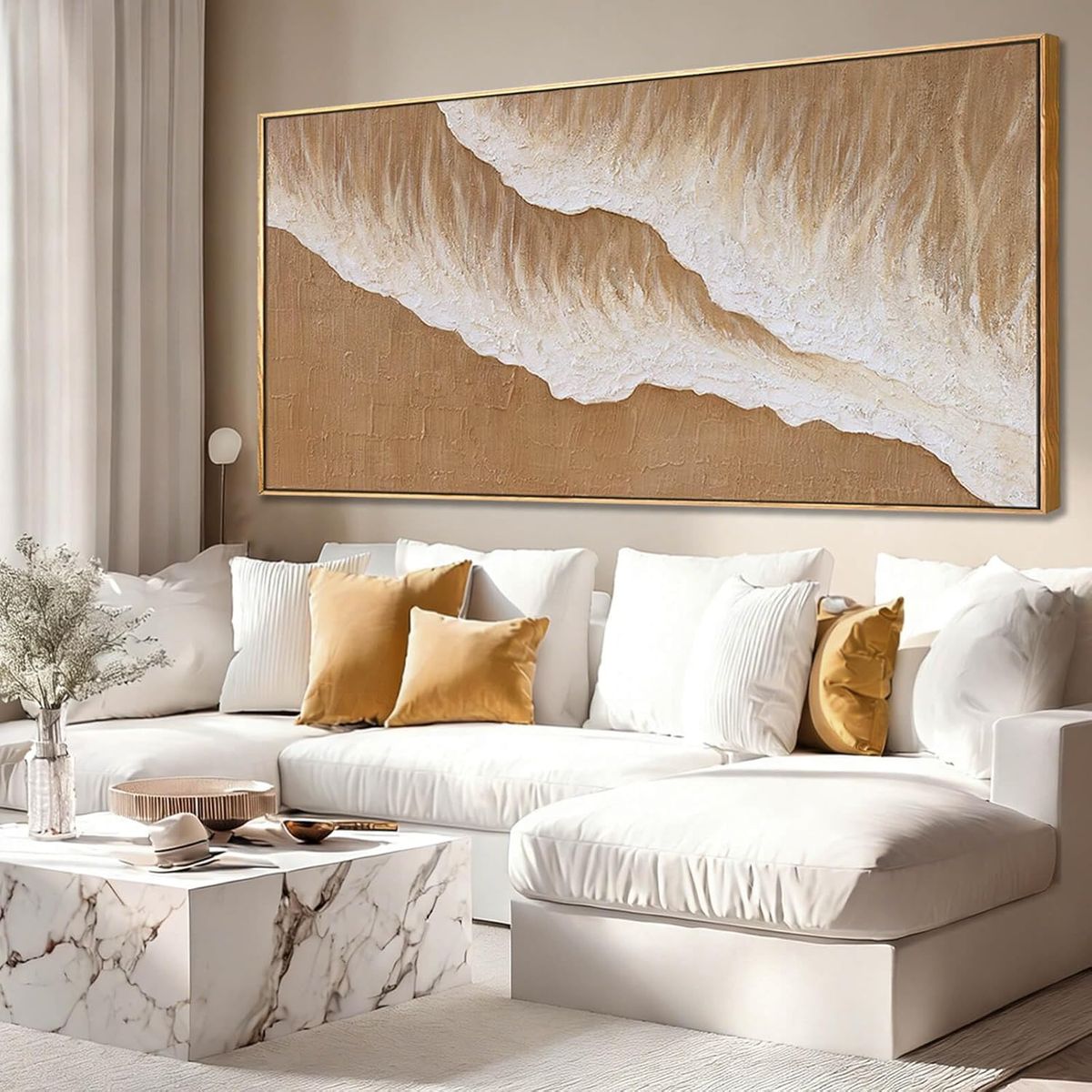 NEW 29x58 Hand Painted Abstract Wall Art in Brown and White, Large Horizontal Canvas