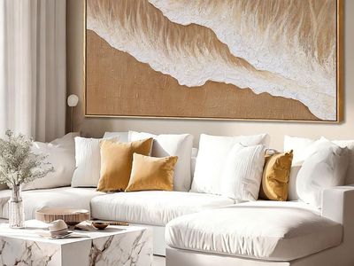 NEW 29x58 Hand Painted Abstract Wall Art in Brown and White, Large Horizontal Canvas
