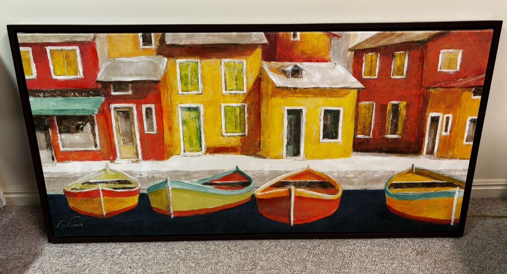 F de Villeneuve “Colorful Rowboats” Framed Canvas