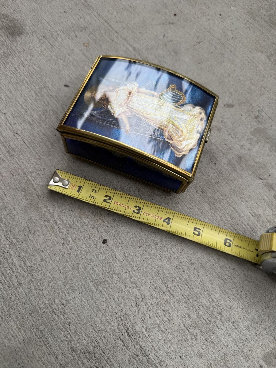 Vintage Gold Tone & Blue Glass Musical Jewelry Box with 'Lady with Lyre' Motif - 3.5" x 2.5"