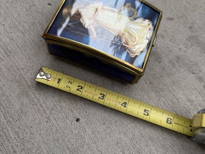 Vintage Gold Tone & Blue Glass Musical Jewelry Box with 'Lady with Lyre' Motif - 3.5" x 2.5"