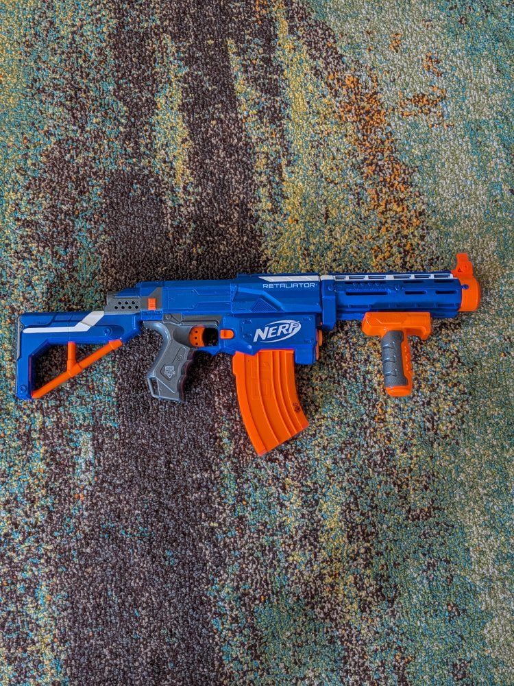 Nerf N-Strike Elite Retaliator Blaster Blue/Orange with Attachments - Used, Excellent Condition
