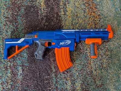 Nerf N-Strike Elite Retaliator Blaster Blue/Orange with Attachments - Used, Excellent Condition