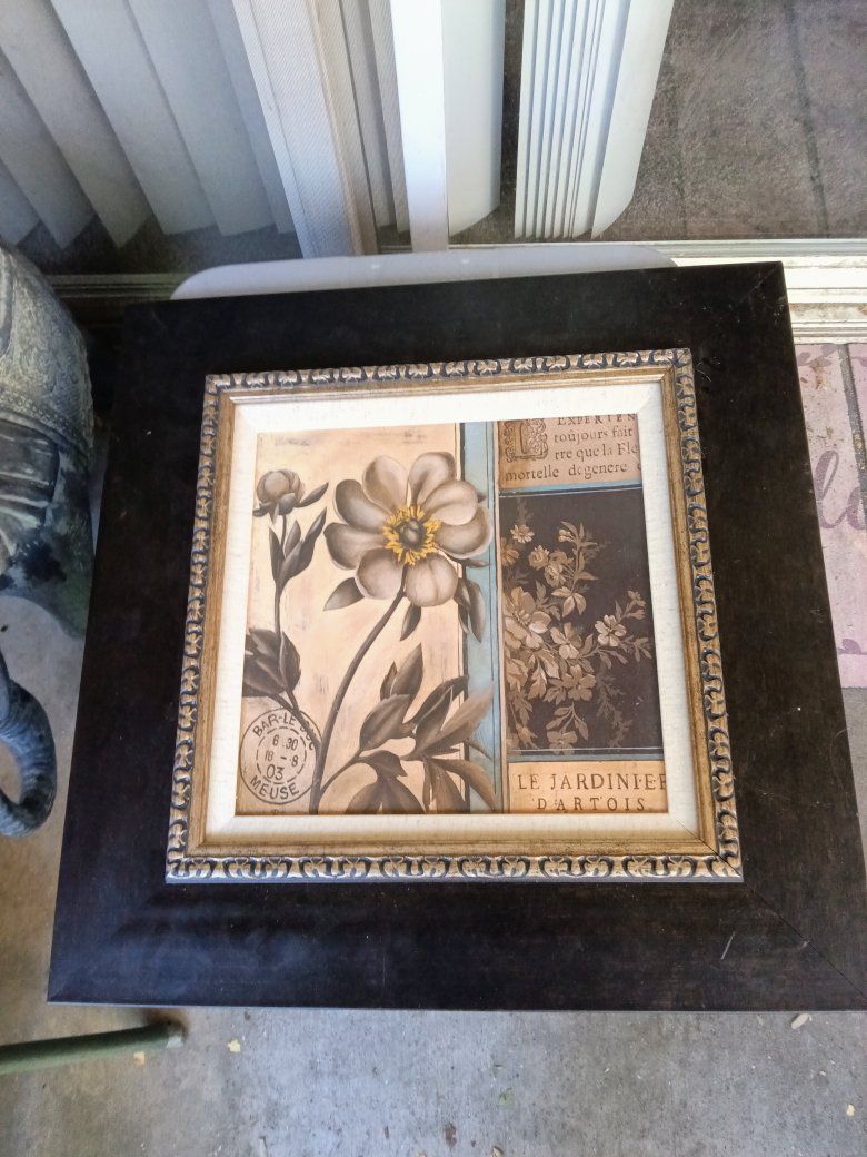Framed Floral Botanical Print Wall Art Decor with French Text & Dark Wood Frame