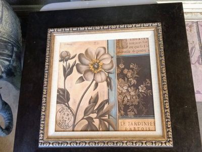 Framed Floral Botanical Print Wall Art Decor with French Text & Dark Wood Frame