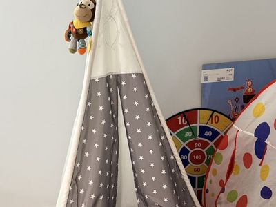 Kids Teepee Play Tent Grey with White Stars and Wooden Poles