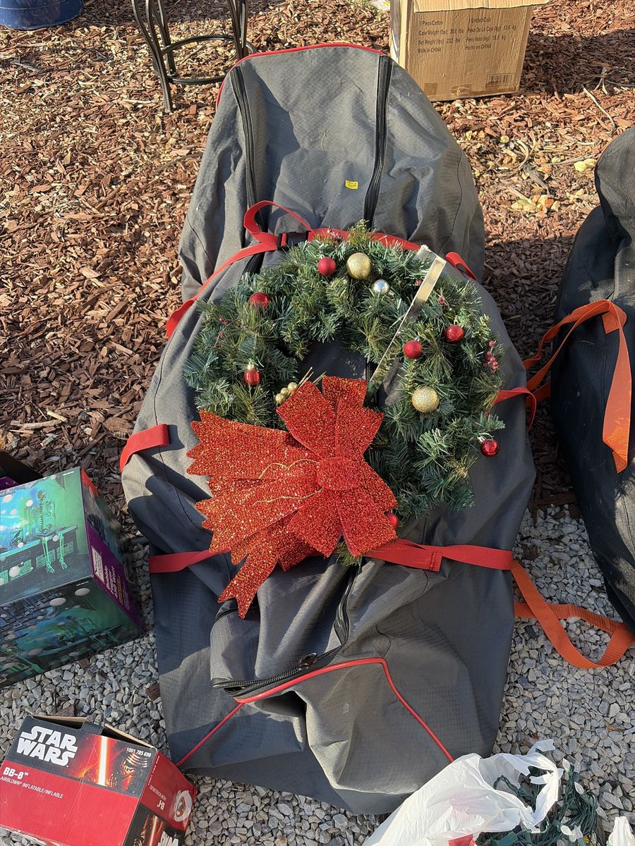 Christmas Holiday Tree andWreath Storage Bag - Grey with Red Trim
