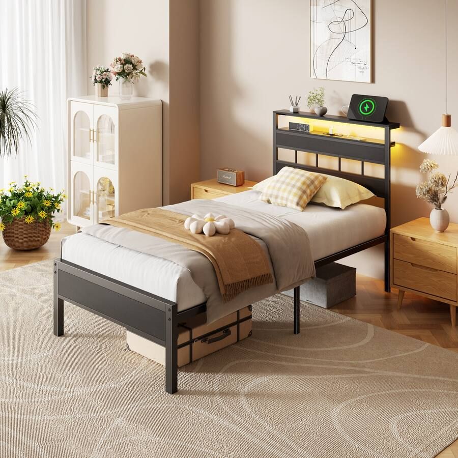 New Furnulem Twin Bed Frame with 2-Tier Shelves Charging Station LED Lights Metal Slats Wood Headboard