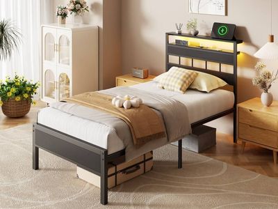 New Furnulem Twin Bed Frame with 2-Tier Shelves Charging Station LED Lights Metal Slats Wood Headboard