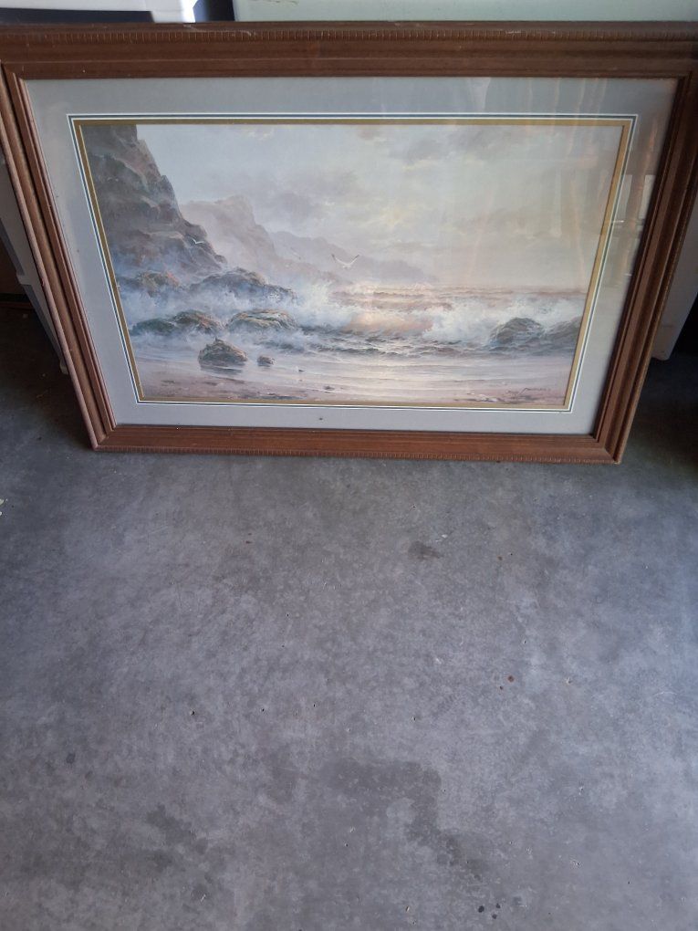 Framed Seascape Artwork - Coastal Beach Scene Painting Print - Wood Frame, Ocean Waves & Cliffs
