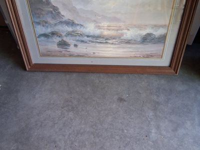 Framed Seascape Artwork - Coastal Beach Scene Painting Print - Wood Frame, Ocean Waves & Cliffs