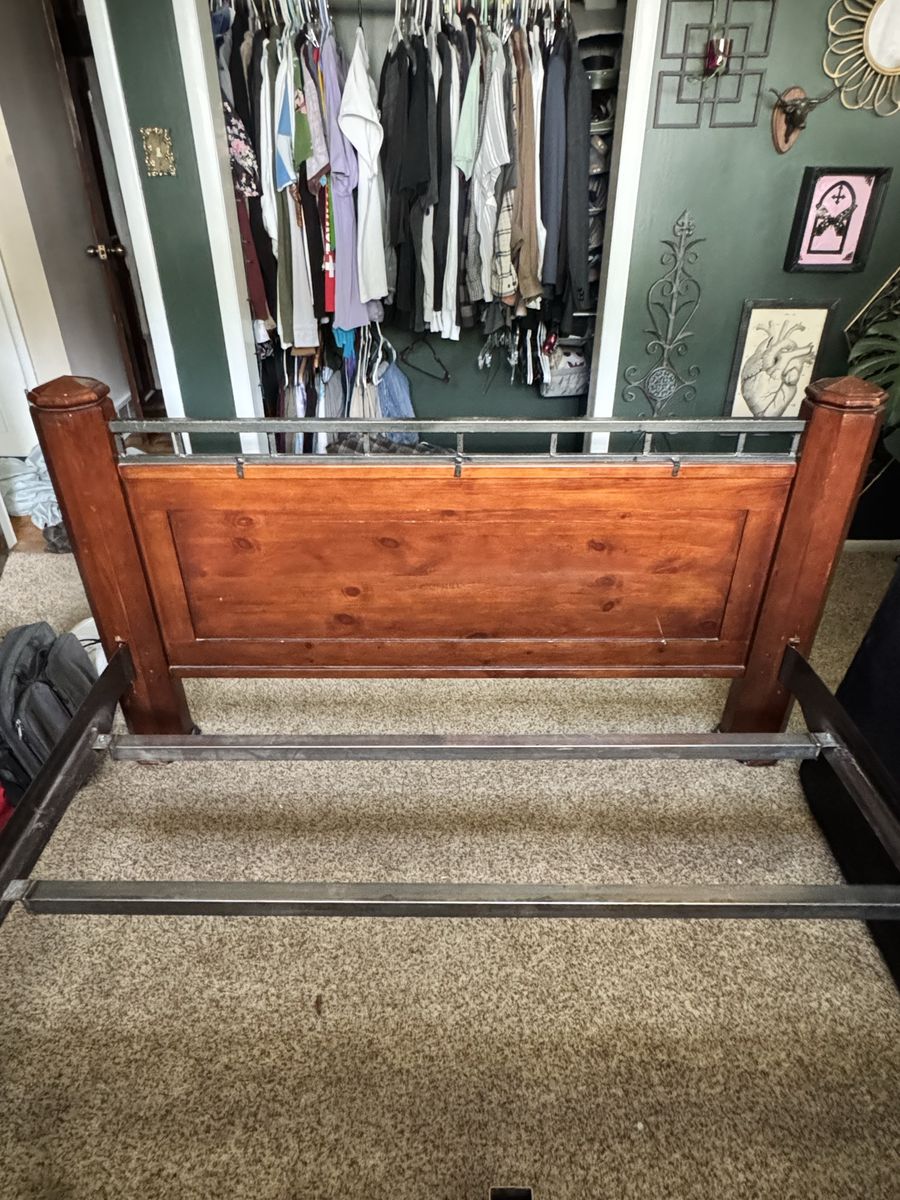 Queen Size Wood & Metal Bed Frame - Headboard, Footboard, Rails