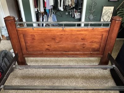 Queen Size Wood & Metal Bed Frame - Headboard, Footboard, Rails