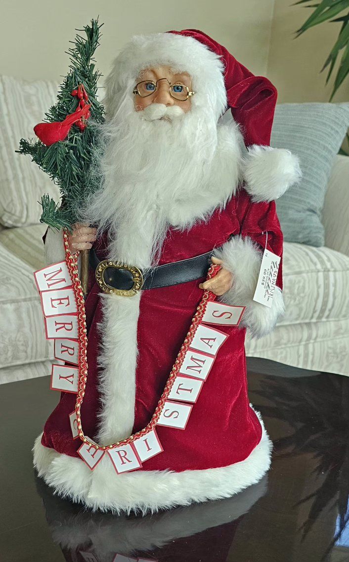Large Velvet Santa Claus Christmas Figurine Holding Tree & Merry Christmas Banner 20"T