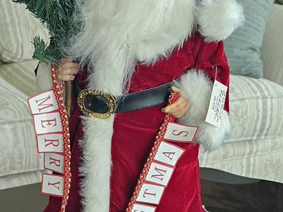 Large Velvet Santa Claus Christmas Figurine Holding Tree & Merry Christmas Banner 20"T