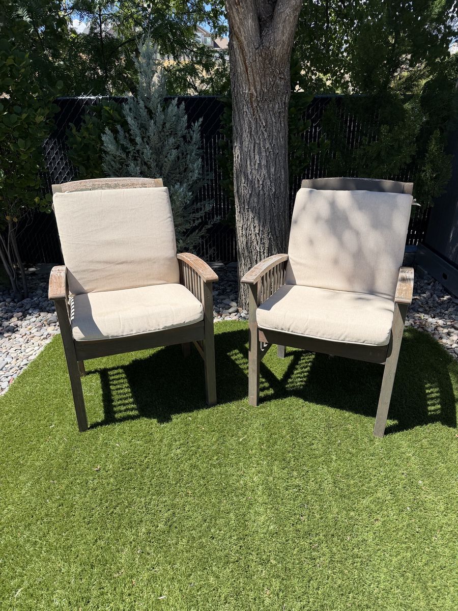 Set of solid wood, outdoor chairs with newer Home Depot Cushions (this spring)