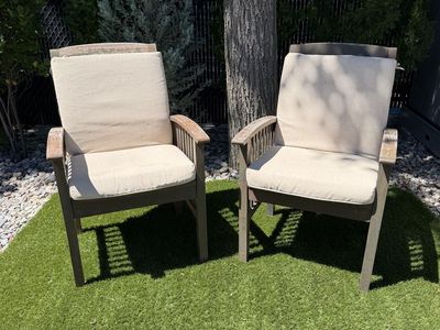 Set of solid wood, outdoor chairs with newer Home Depot Cushions (this spring)