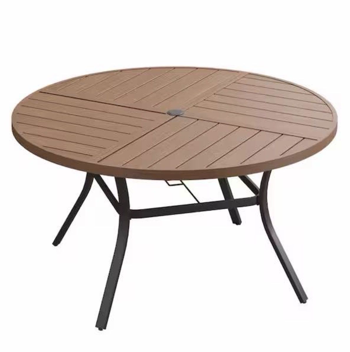 Outdoor Round Patio Dining Table - Brown Wood Grain Top & Black Metal Base, Umbrella Hole