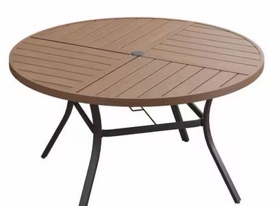 Outdoor Round Patio Dining Table - Brown Wood Grain Top & Black Metal Base, Umbrella Hole