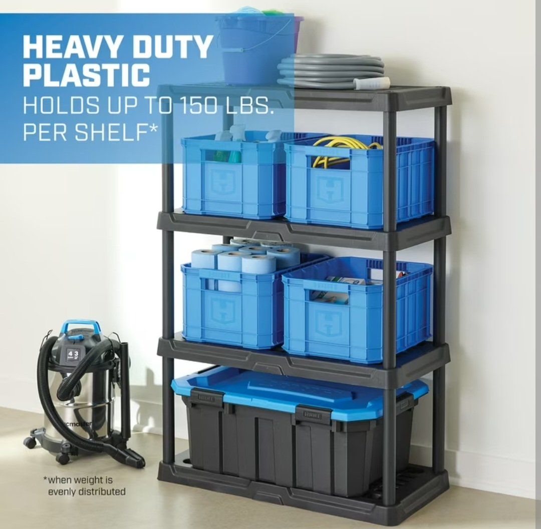 Black Plastic 4-Tier Shelf 36" W x 18" D x 53" H, Up to 600 lb Total Capacity