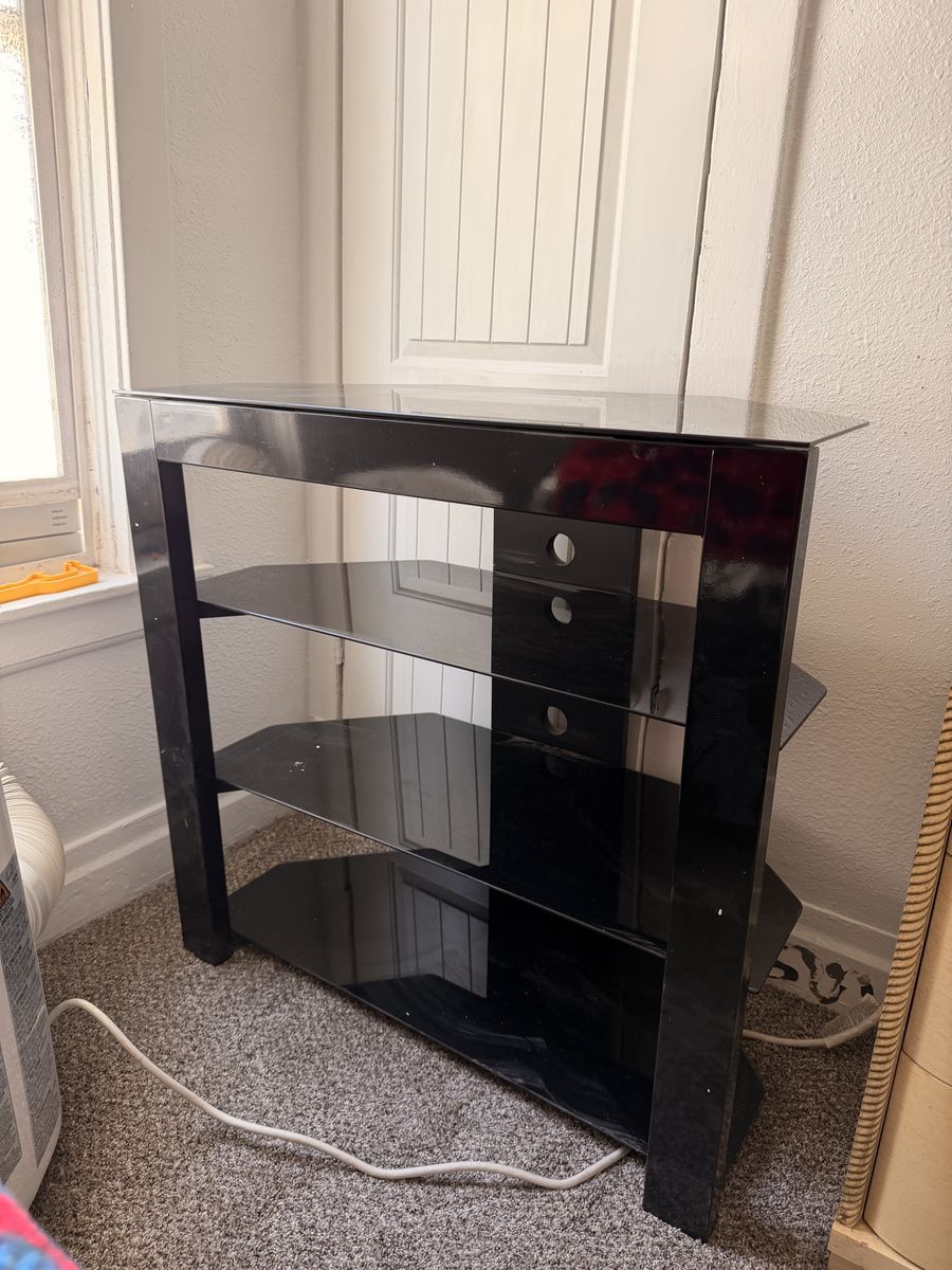 Sleek Black Glass 4-Tier Media Console TV Stand for Entertainment or Storage