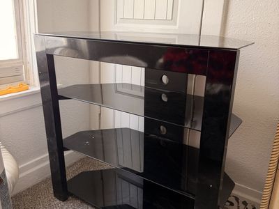 Sleek Black Glass 4-Tier Media Console TV Stand for Entertainment or Storage
