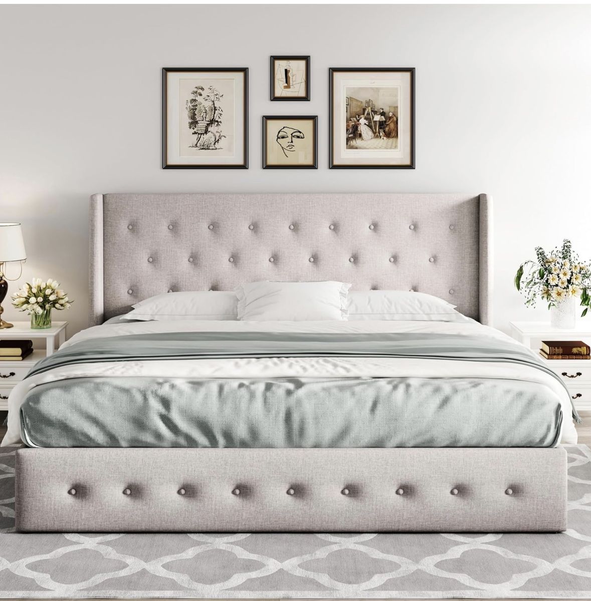 Brand NEW King Size Upholstered Platform Bed Frame with Tufted Headboard and Storage - Light Gray Linen Fabric