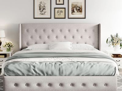 Brand NEW King Size Upholstered Platform Bed Frame with Tufted Headboard and Storage - Light Gray Linen Fabric